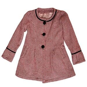 Vintage Chinese Womens Red White Houndstooth Overcoat Black Trim Button Front